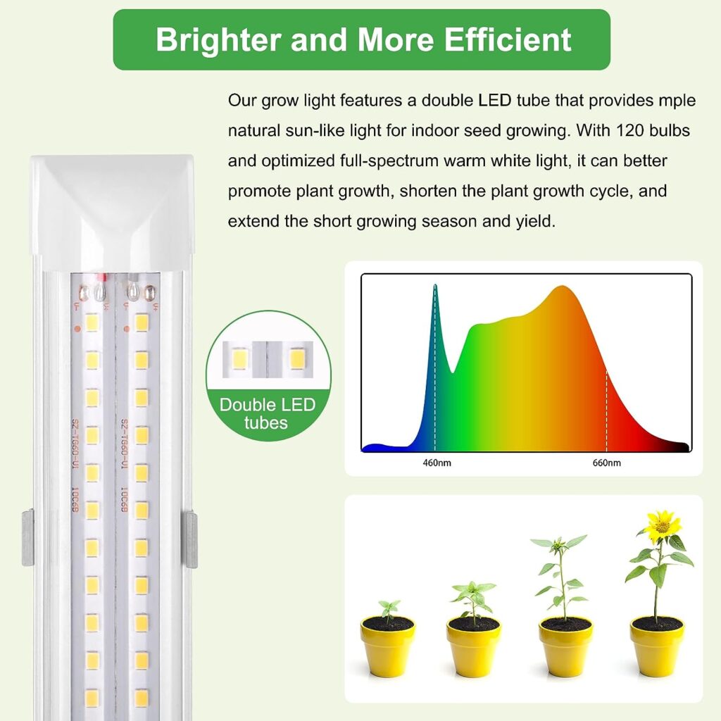 Ehaijia 2Ft LED Grow Lights for Seed Starting with Stand, LED Grow Lamp for Indoor Plants, Warm White Full Spectrum Light, 120 LEDs Chips, Height Adjustable, ONOff Switch