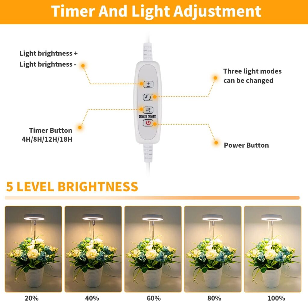 GooingTop LED Grow Light, Halo Plant Lamp for Indoor Plants Growing, White Low Light for Succulents Mini Small Plants Growth,Upgrade Timer 4/8/12/18 Hrs  Variable Spectrum