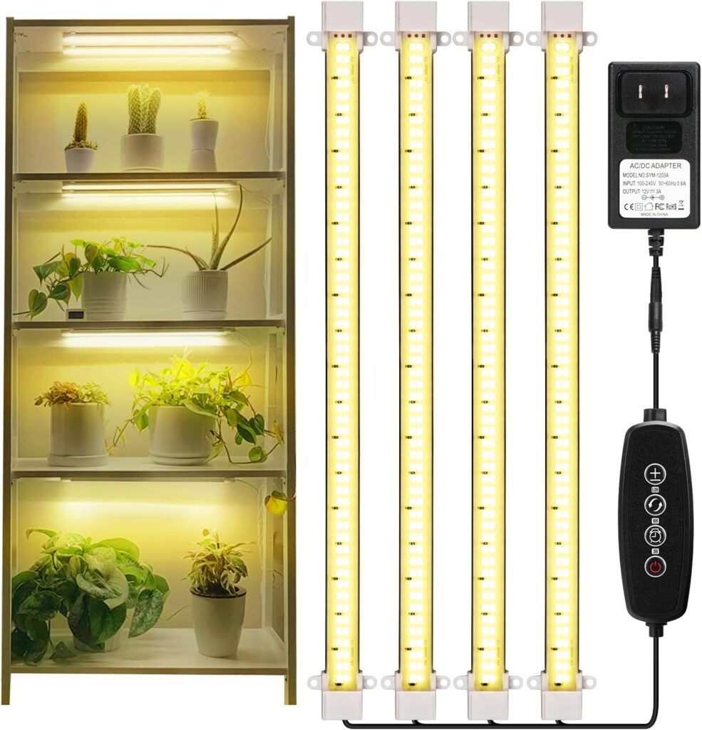 Mosthink Grow Lights for Indoor Plants, 4 Packs LED Strips Full Spectrum with Auto Timer 3/6/12H, Dimmable Sunlike Growing Lamp for Greenhouse,Seedling,432 LEDs (16 Inches)