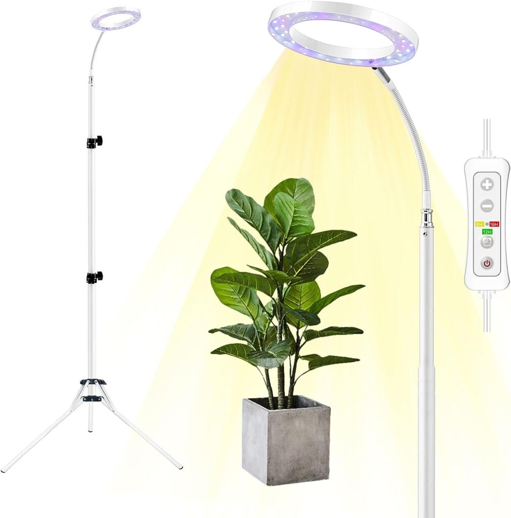 yadoker Grow Light with Stand, LED Plant Light for Indoor Plants, Full Spectrum Grow Lamp, 8/12/16H Timer, 10 Dimmable Levels, 7 Switch Modes, Adjustable Tripod Stand 15-66 inches